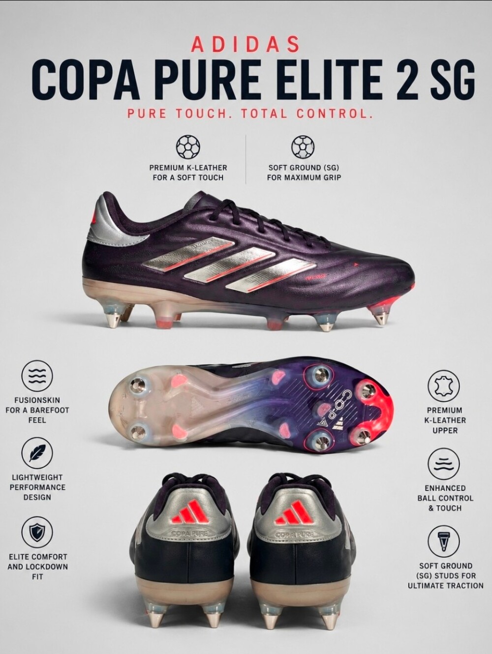Adidas Copa Pure Elite 2 SG  IG8693 Leather Soccer Cleats Black Platinum US 12.5